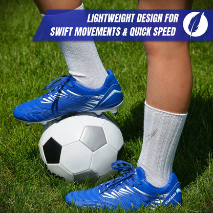 Valencia FG Soccer Cleats for Men and Women | Wide Fit Football Shoes with TPU Studs - ROYAL/WHITE, 6.5