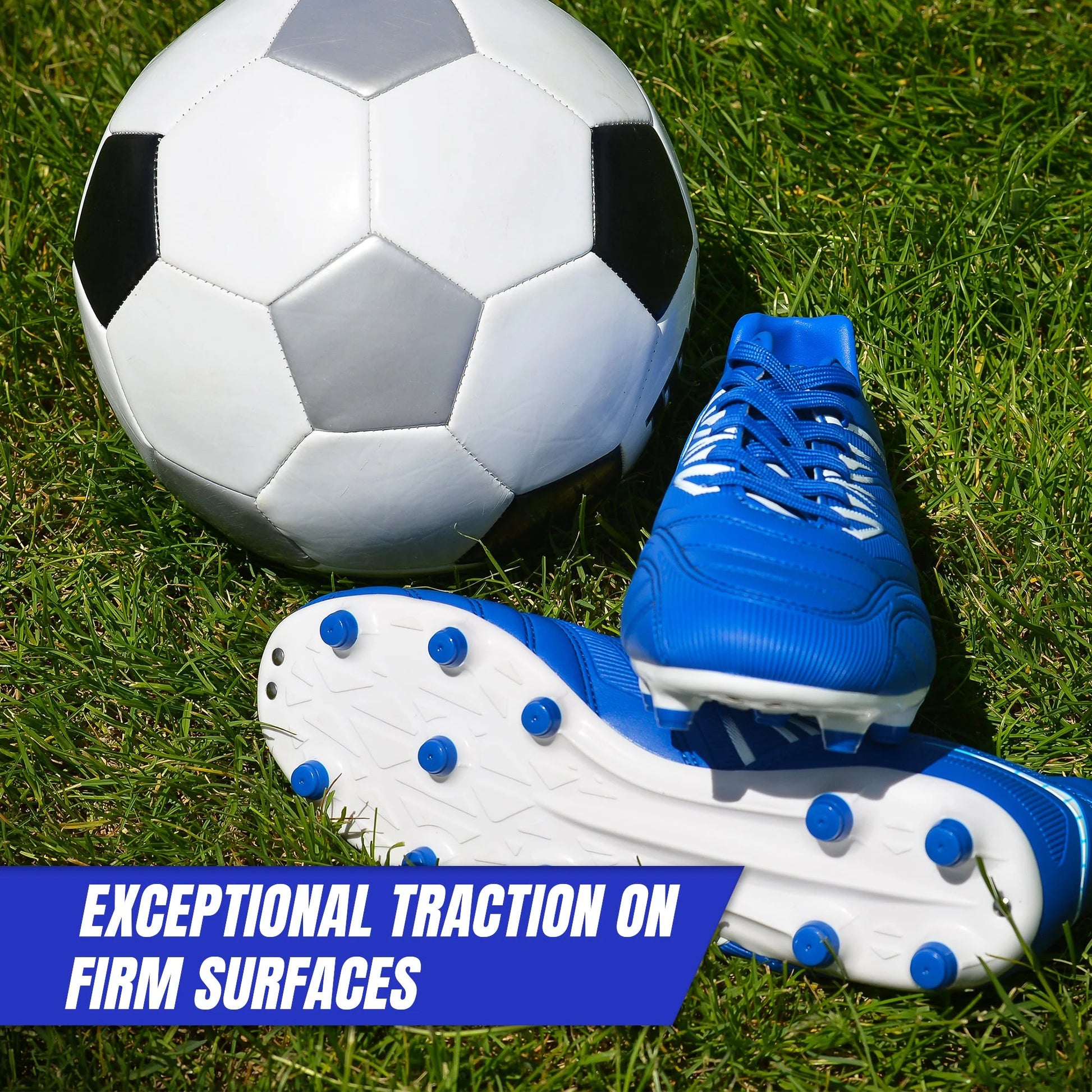 Valencia FG Soccer Cleats for Men and Women | Wide Fit Football Shoes with TPU Studs - ROYAL/WHITE, 6.5